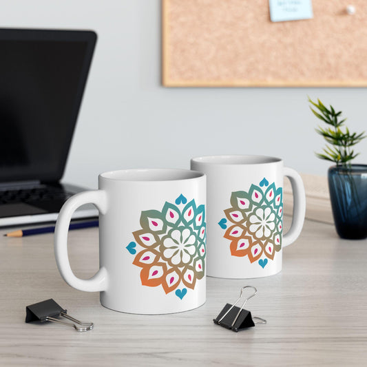 ColorFlow Mandala Ceramic Mug | 15oz Teal Orange Art Coffee Cup