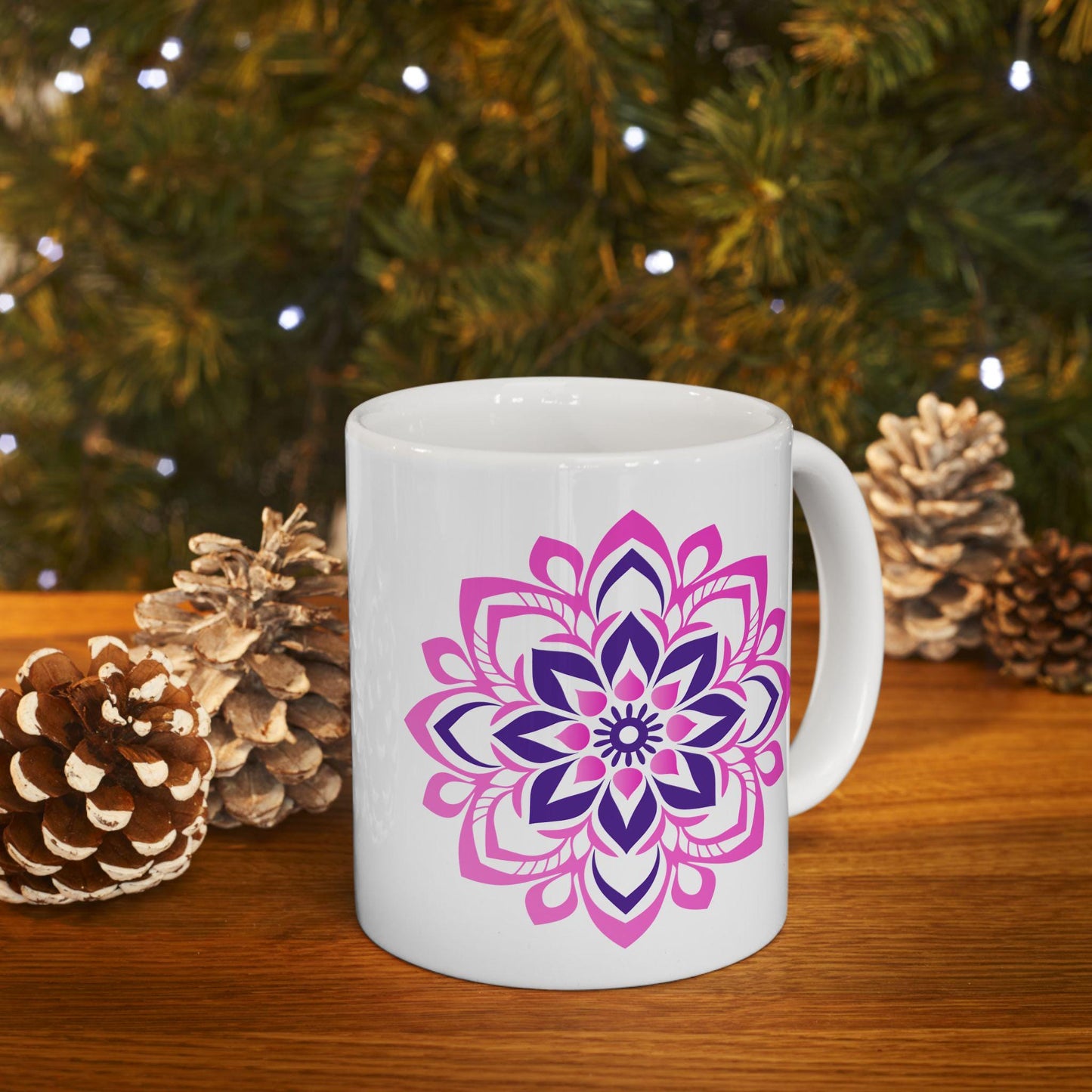 Pink Lotus Mandala Ceramic Mug | 15oz Coffee Cup | Feminine Floral Art