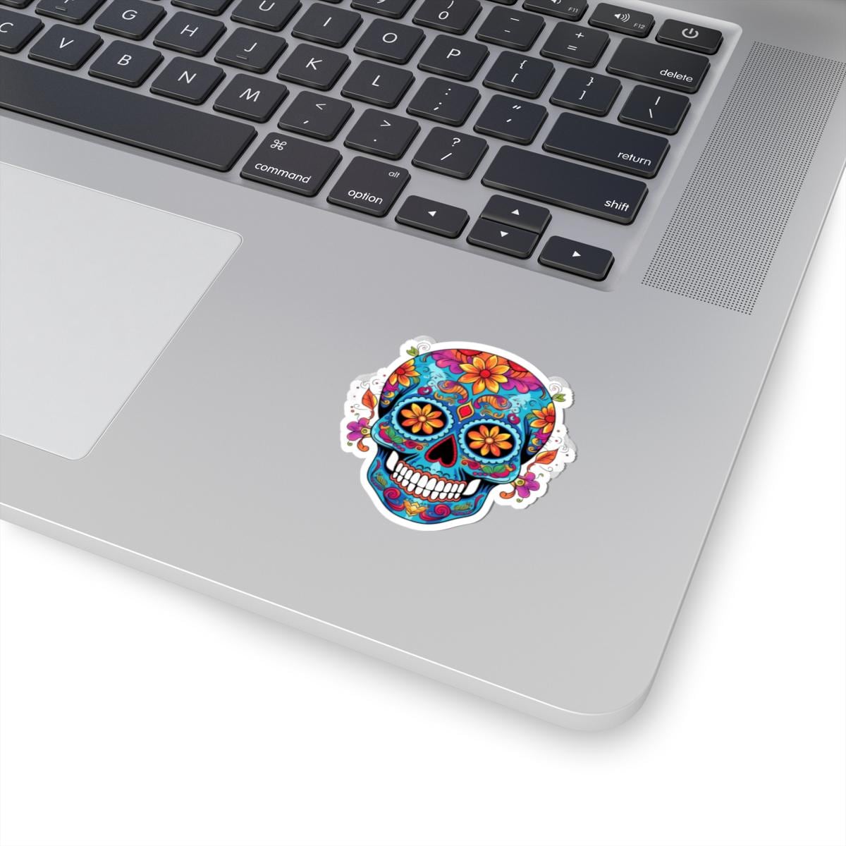Vibrant Sugar Skull Sticker | Orange Flowers, Calavera Vinyl Art (Waterproof)
