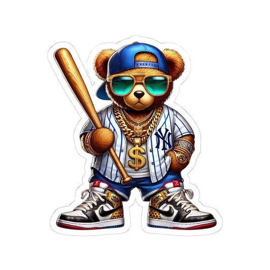 Urban Baseball Bear Sticker | Hip Hop Teddy with Bat, Chains (Kiss Cut Decal)