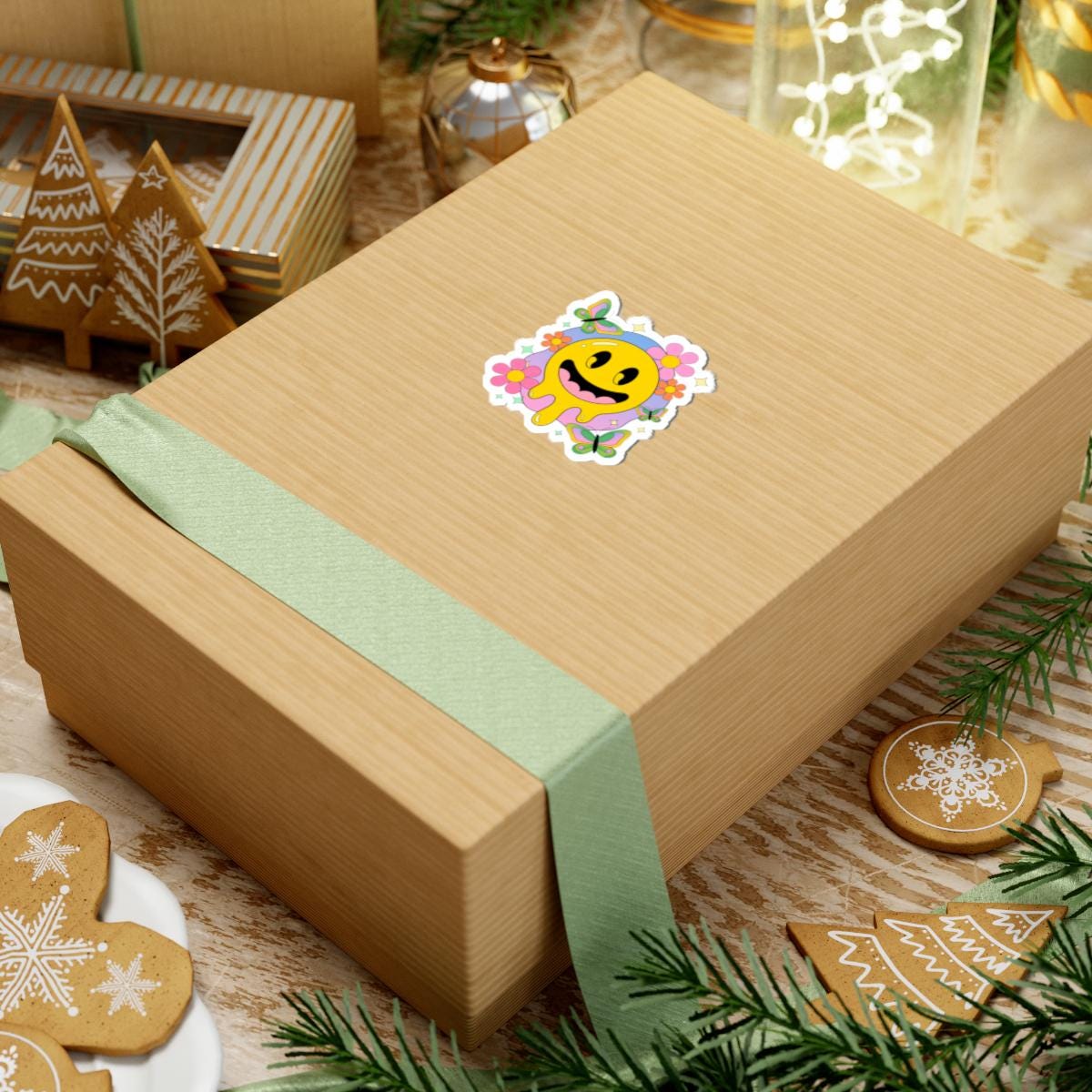 Groovy Drippy Smiley Face Sticker with Butterflies & Flowers | Retro Pastel Vinyl Decal