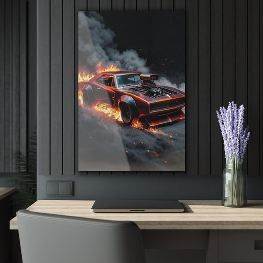 ColorFlow | Burning Muscle Car Metal Wall Art | Fire Charger Style Artwork | Hot Rod Decor | Car Lover Metal Art Print | Garage Decor