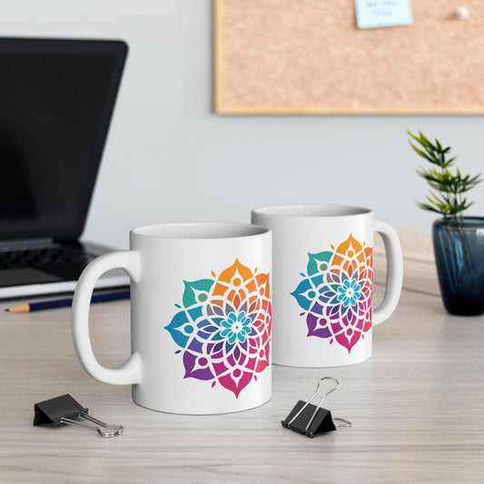 Radiant Spectrum Mandala Ceramic Mug | 15oz Rainbow Boho Coffee Cup