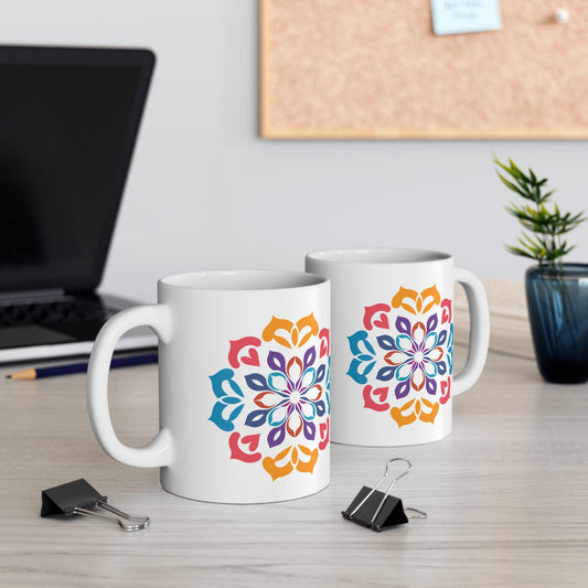 Vibrant Mandala Art Ceramic Mug | 15oz Coffee Cup | Colorful Artistic Design