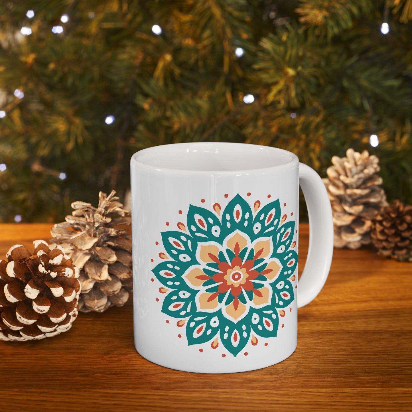 Mandala Ceramic Mug | Teal Terracotta Earth Essence Coffee Cup (15oz)