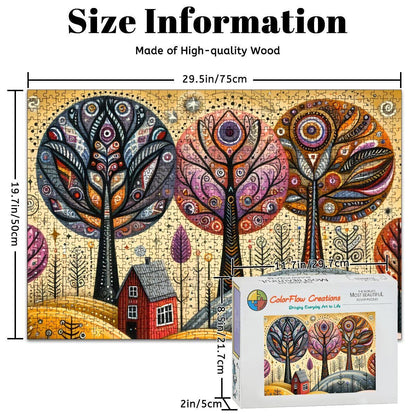 Folk Art Autumn Trees Wooden Puzzle:  Fall Landscape