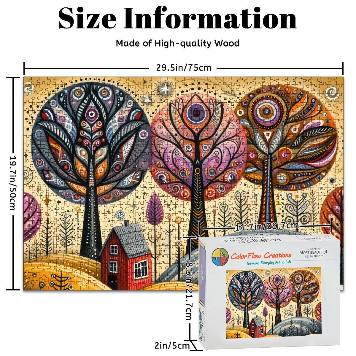 Folk Art Autumn Trees Wooden Puzzle:  Fall Landscape