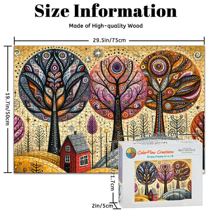 Folk Art Autumn Trees Wooden Puzzle:  Fall Landscape