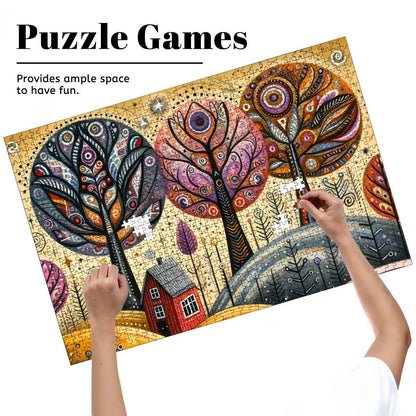 Folk Art Autumn Trees Wooden Puzzle:  Fall Landscape