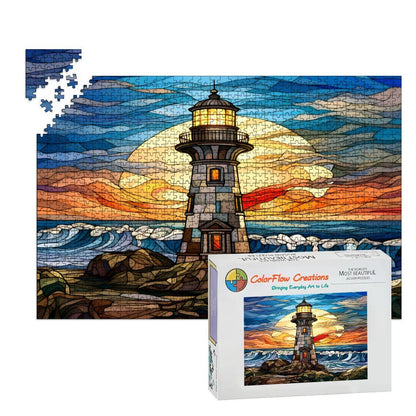 Stained Glass Lighthouse Wooden Jigsaw Puzzle: Coastal Sunset Art (s)