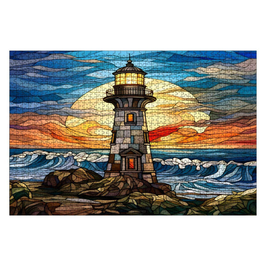 Stained Glass Lighthouse Wooden Jigsaw Puzzle: Coastal Sunset Art (s)