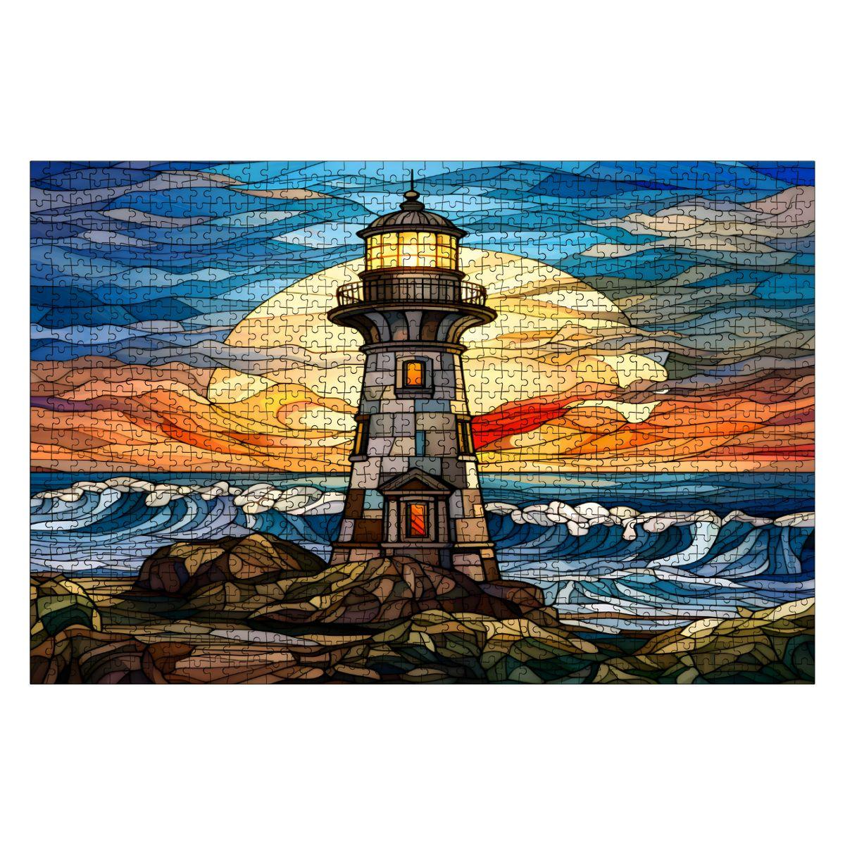 Stained Glass Lighthouse Wooden Jigsaw Puzzle: Coastal Sunset Art (s)
