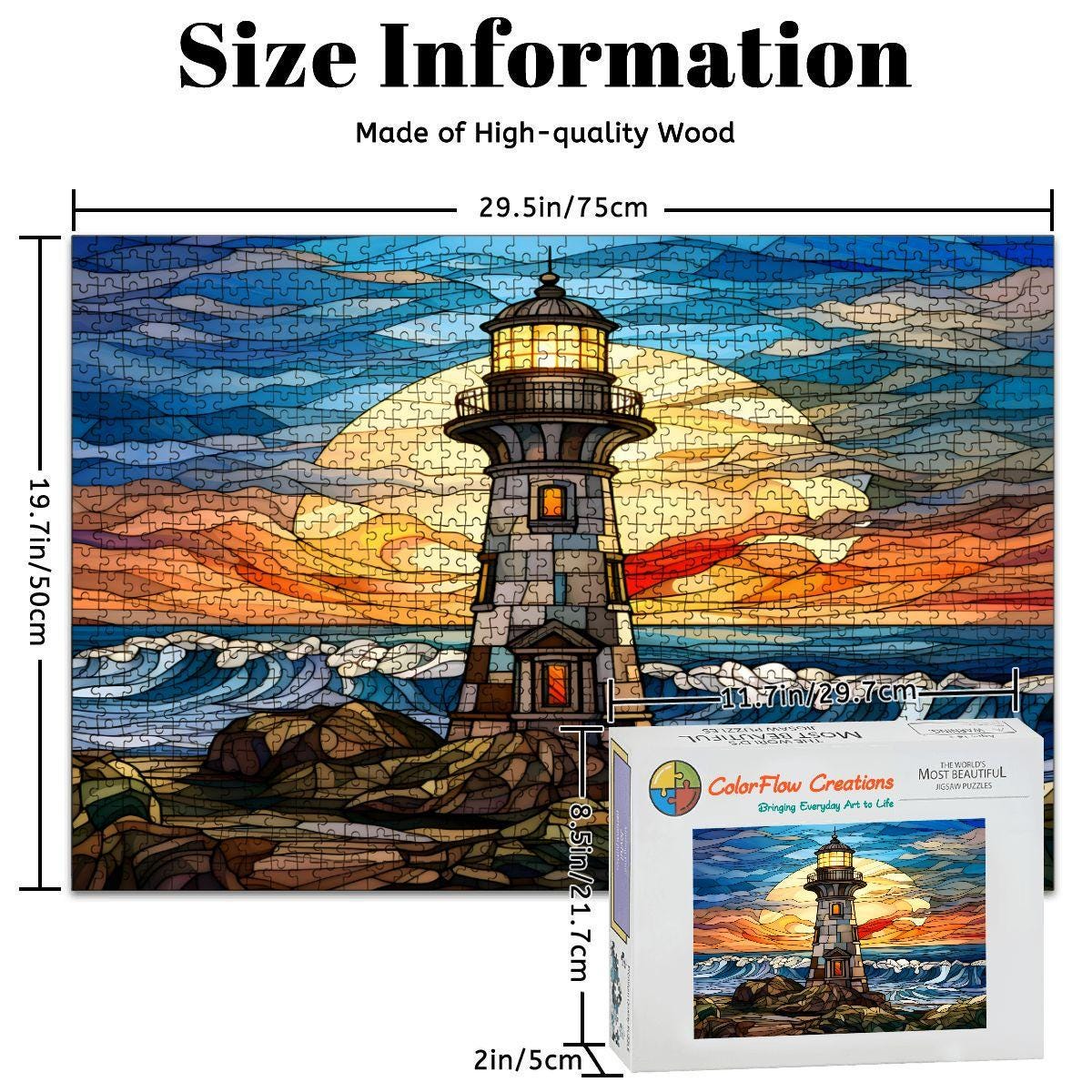 Stained Glass Lighthouse Wooden Jigsaw Puzzle: Coastal Sunset Art (s)