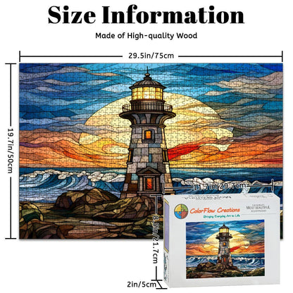 Stained Glass Lighthouse Wooden Jigsaw Puzzle: Coastal Sunset Art (s)