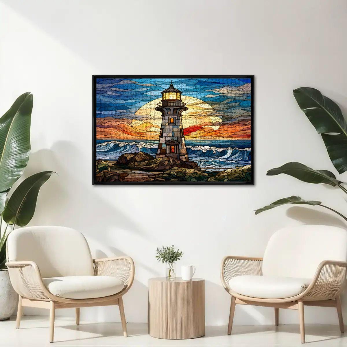 Stained Glass Lighthouse Wooden Jigsaw Puzzle: Coastal Sunset Art (s)