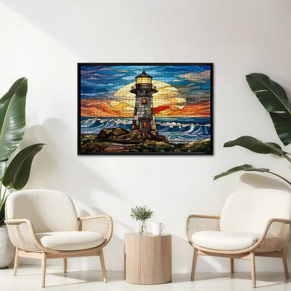 Stained Glass Lighthouse Wooden Jigsaw Puzzle: Coastal Sunset Art (s)