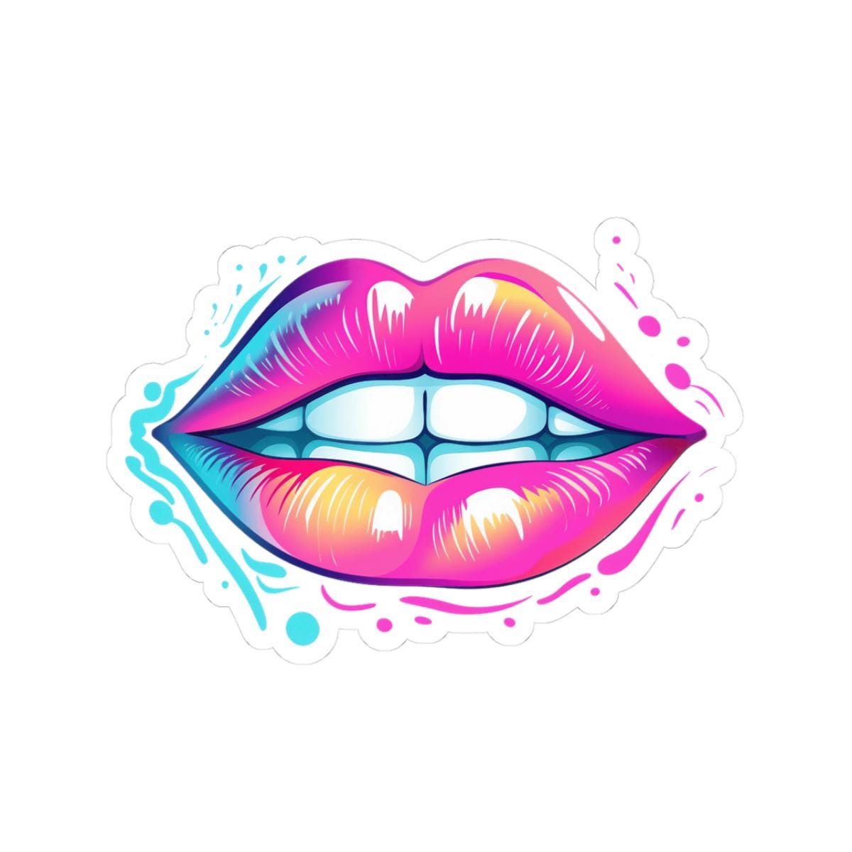Biting Lips Sticker: Neon Rainbow Mouth, Pop Art Vinyl Decal