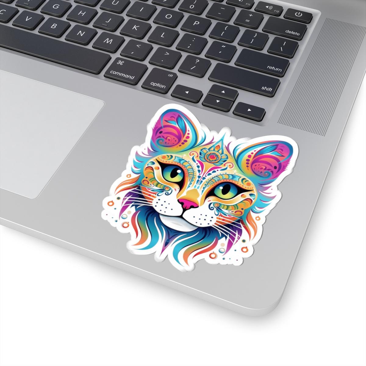 ColorFlow Psychedelic Cat Face Sticker | Trippy Rainbow Kitty Head Art | Vibrant Vinyl Sticker