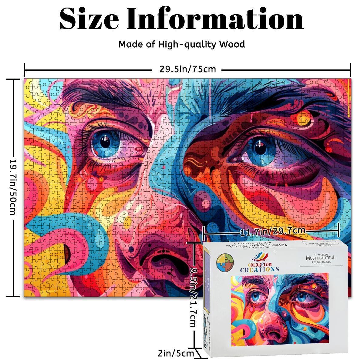 ColorFlow |  Lucid Vision Wooden Puzzle | Psychedelic Face Art Jigsaw for Adults | Trippy Expressionist Gift