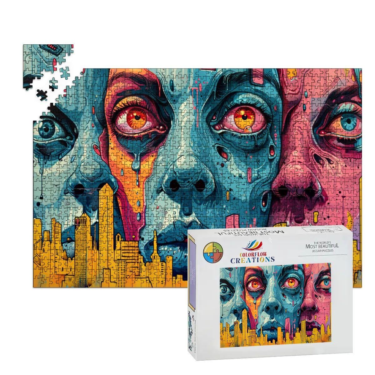 Neon Dystopia Wooden Jigsaw Puzzle: Psychedelic City Faces Art