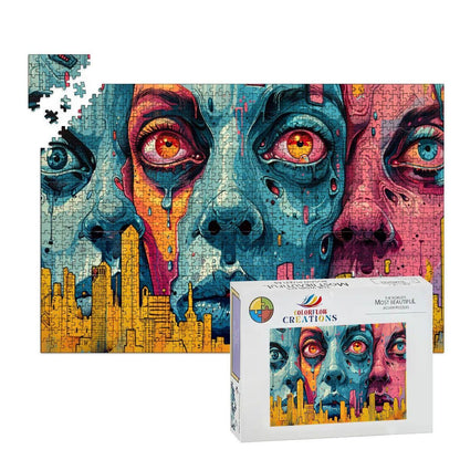 Neon Dystopia Wooden Jigsaw Puzzle: Psychedelic City Faces Art