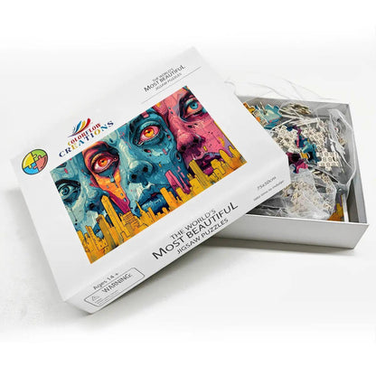 Neon Dystopia Wooden Jigsaw Puzzle: Psychedelic City Faces Art