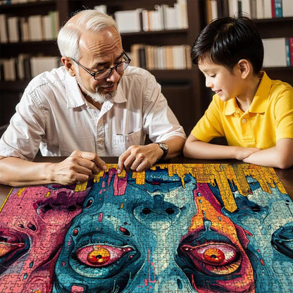 Neon Dystopia Wooden Jigsaw Puzzle: Psychedelic City Faces Art