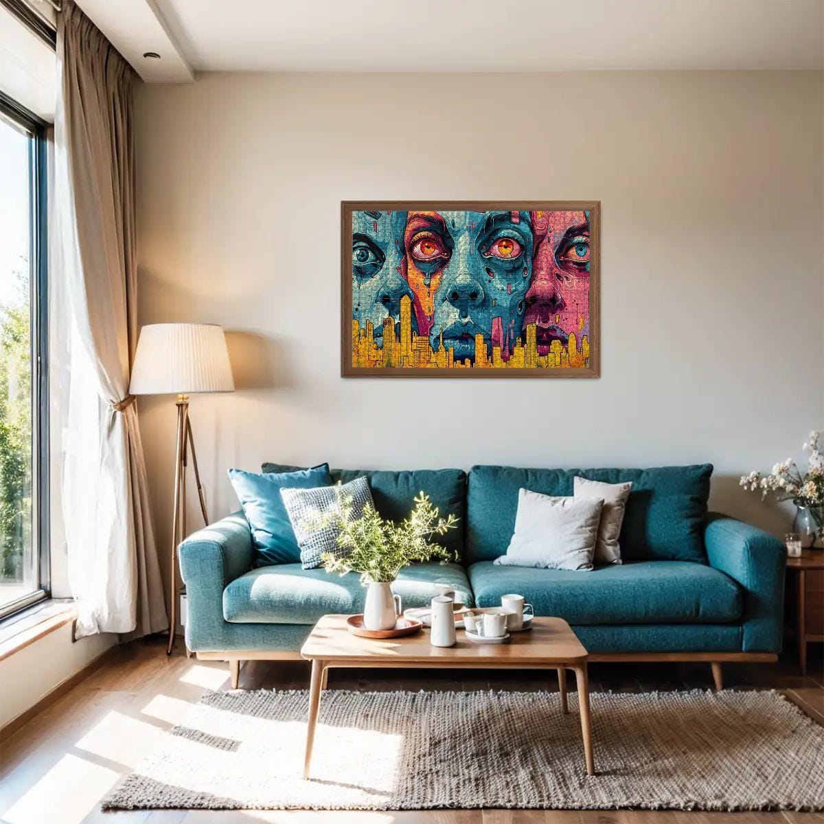 Neon Dystopia Wooden Jigsaw Puzzle: Psychedelic City Faces Art