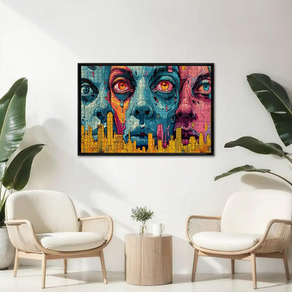 Neon Dystopia Wooden Jigsaw Puzzle: Psychedelic City Faces Art