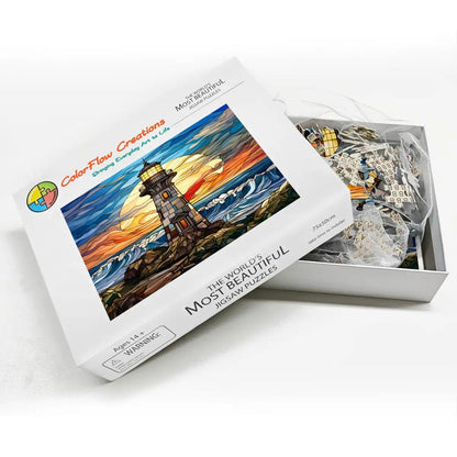 Stained Glass Lighthouse Wooden Jigsaw Puzzle: Coastal Sunset Art (s)