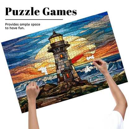 Stained Glass Lighthouse Wooden Jigsaw Puzzle: Coastal Sunset Art (s)