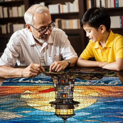 Stained Glass Lighthouse Wooden Jigsaw Puzzle: Coastal Sunset Art (s)