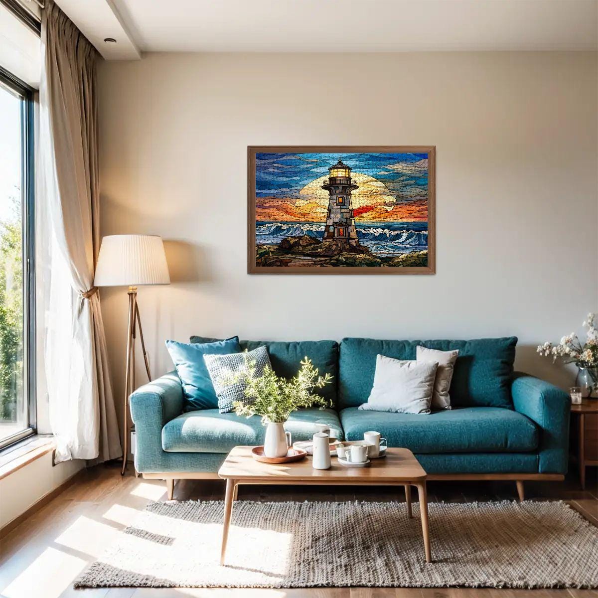 Stained Glass Lighthouse Wooden Jigsaw Puzzle: Coastal Sunset Art (s)