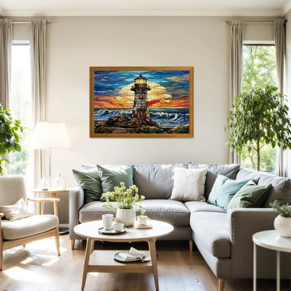 Stained Glass Lighthouse Wooden Jigsaw Puzzle: Coastal Sunset Art (s)