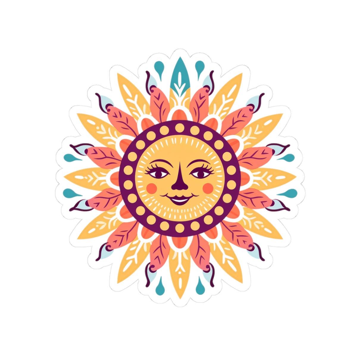 ColorFlow | Smiling Sun Mandala Sticker | Boho Hippie Celestial Vinyl Decal | Sun Face Art