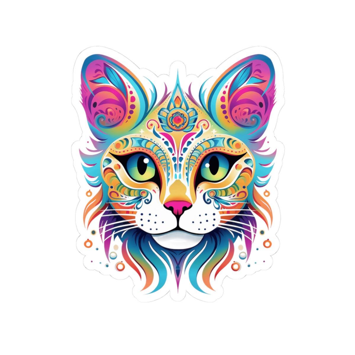ColorFlow Psychedelic Cat Face Sticker | Trippy Rainbow Kitty Head Art | Vibrant Vinyl Sticker