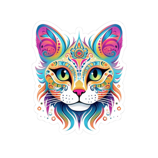 ColorFlow Psychedelic Cat Face Sticker | Trippy Rainbow Kitty Head Art | Vibrant Vinyl Sticker