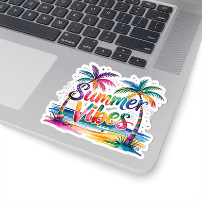 Summer Vibes Sticker: Retro Rainbow Beach Palm Tree Vinyl Decal