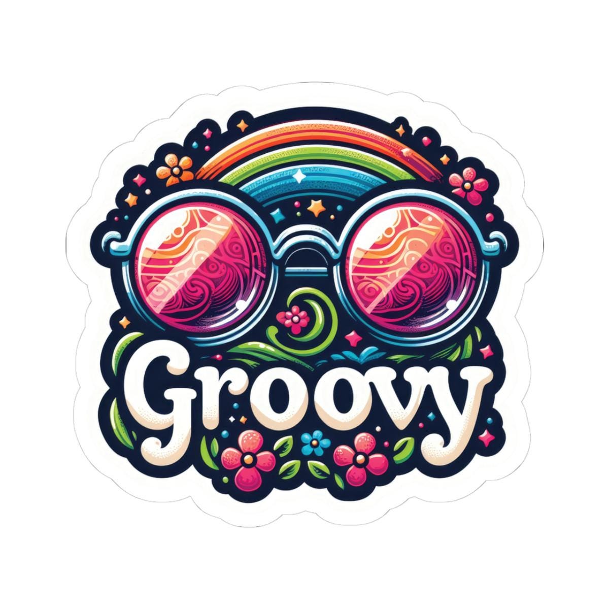 Retro Rainbow Sunglasses Sticker: 70s Hippie Floral Vinyl Decal