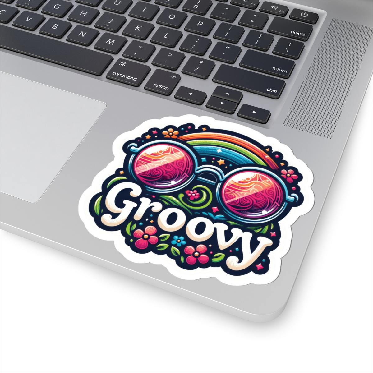 Retro Rainbow Sunglasses Sticker: 70s Hippie Floral Vinyl Decal