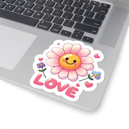 Kawaii Love Flower Sticker: Smiling Face, Pink Petals, Waterproof Vinyl