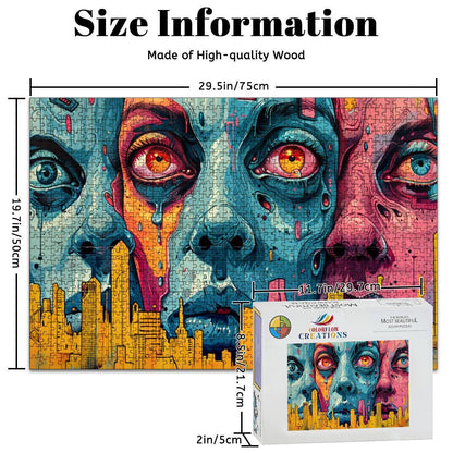 Neon Dystopia Wooden Jigsaw Puzzle: Psychedelic City Faces Art
