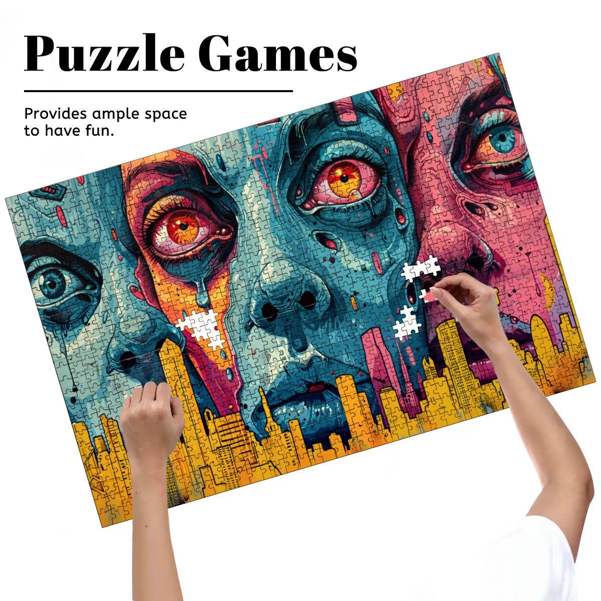 Neon Dystopia Wooden Jigsaw Puzzle: Psychedelic City Faces Art