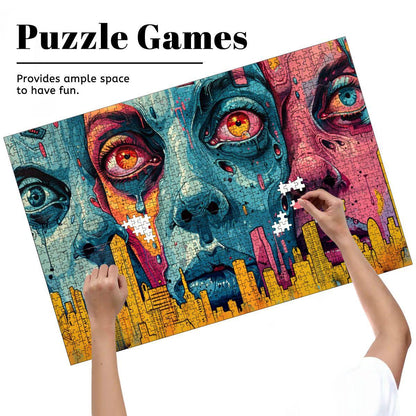 Neon Dystopia Wooden Jigsaw Puzzle: Psychedelic City Faces Art