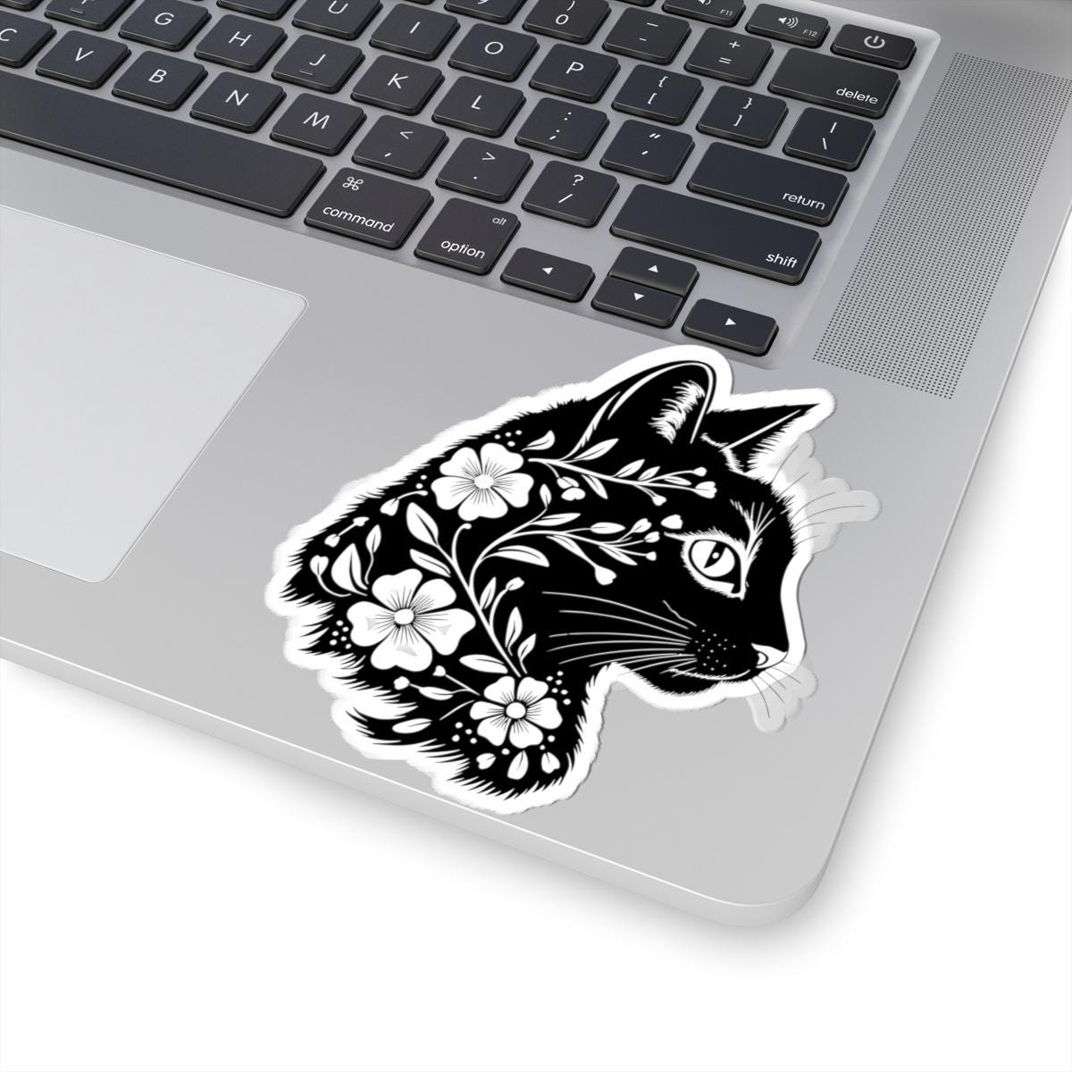 Floral Cat Sticker: Black & White Botanical Vinyl Decal