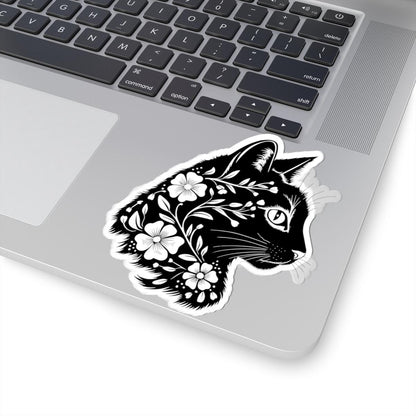 Floral Cat Sticker: Black & White Botanical Vinyl Decal
