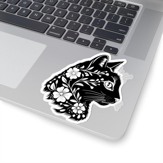 Floral Cat Sticker: Black & White Botanical Vinyl Decal