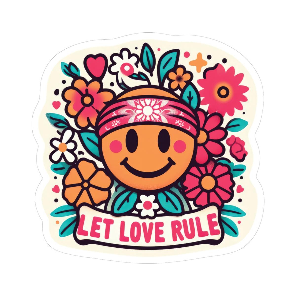 ColorFlow | Let Love Rule Sticker with Hippie Smiley and Flowers | Retro Groovy Vinyl Decal