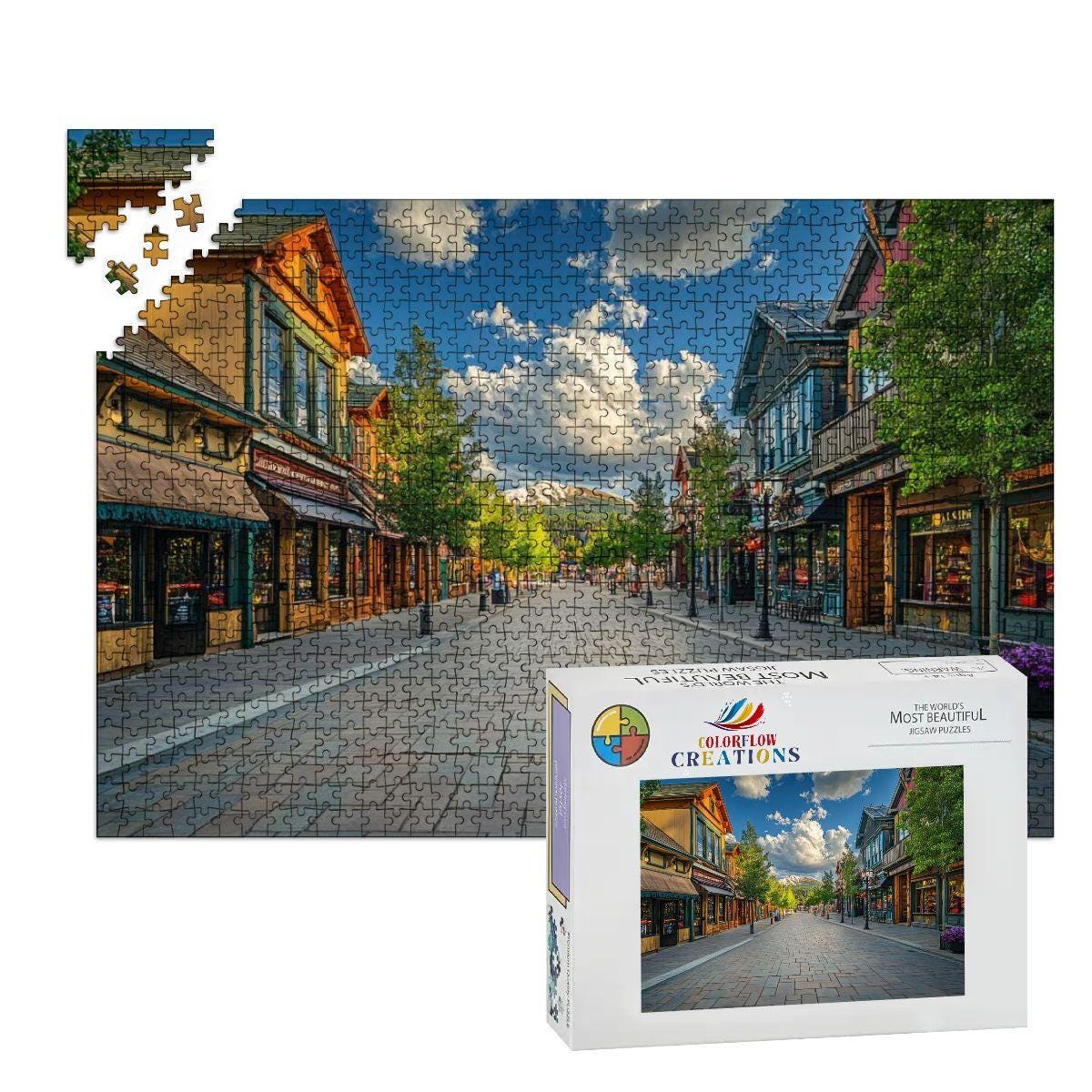 ColorFlow Wooden Jigsaw Puzzle: Main Street Village Scene, s