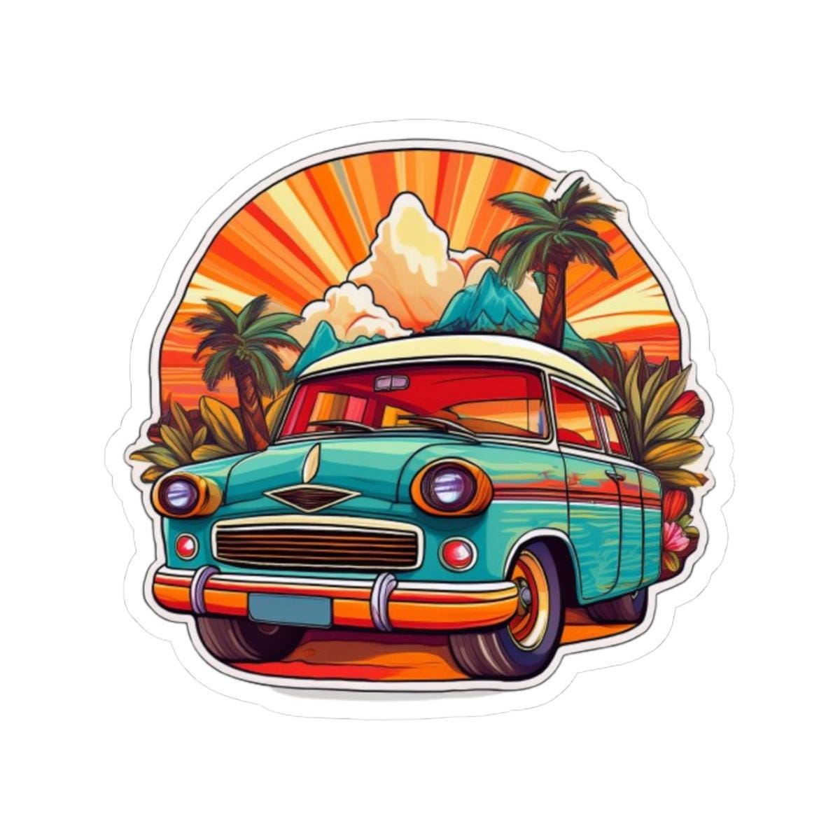 ColorFlow | Retro Tropical Car Sticker with Sunset and Palm Trees Vibe